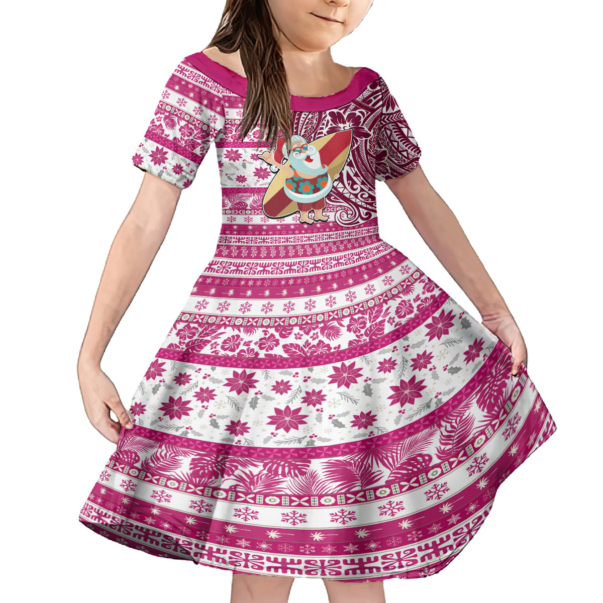 Hawaii Mele Kalikimaka Kid Short Sleeve Dress Santa Claus Surfing with Hawaiian Pattern Striped Pink Style LT03 KID Pink - Polynesian Pride