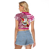 Hawaii Mele Kalikimaka Raglan Cropped T Shirt Santa Claus Surfing with Hawaiian Pattern Striped Pink Style LT03 - Polynesian Pride