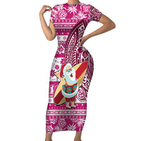 Hawaii Mele Kalikimaka Short Sleeve Bodycon Dress Santa Claus Surfing with Hawaiian Pattern Striped Pink Style LT03 Long Dress Pink - Polynesian Pride