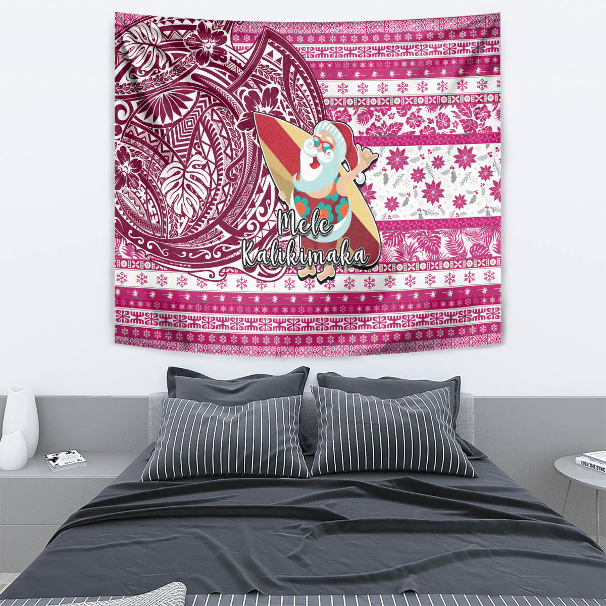 Hawaii Mele Kalikimaka Tapestry Santa Claus Surfing with Hawaiian Pattern Striped Pink Style LT03 - Polynesian Pride