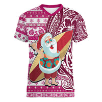 Hawaii Mele Kalikimaka Women V Neck T Shirt Santa Claus Surfing with Hawaiian Pattern Striped Pink Style LT03 Female Pink - Polynesian Pride