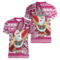 Hawaii Mele Kalikimaka Women V Neck T Shirt Santa Claus Surfing with Hawaiian Pattern Striped Pink Style LT03 - Polynesian Pride