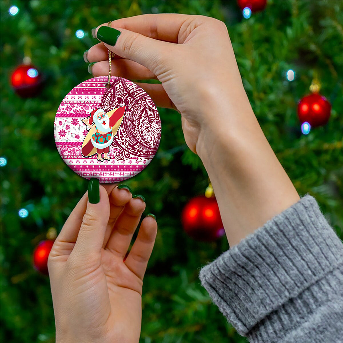 Custom Hawaii Mele Kalikimaka Ceramic Ornament Santa Claus Surfing with Hawaiian Pattern Striped Pink Style LT03 - Polynesian Pride