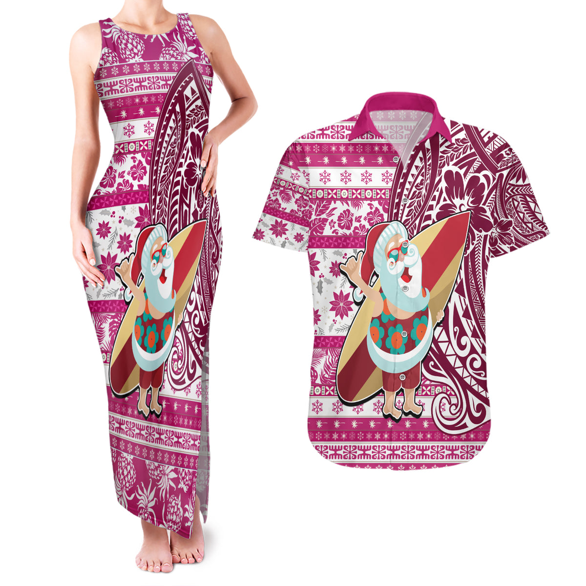 Custom Hawaii Mele Kalikimaka Couples Matching Tank Maxi Dress and Hawaiian Shirt Santa Claus Surfing with Hawaiian Pattern Striped Pink Style LT03 Pink - Polynesian Pride