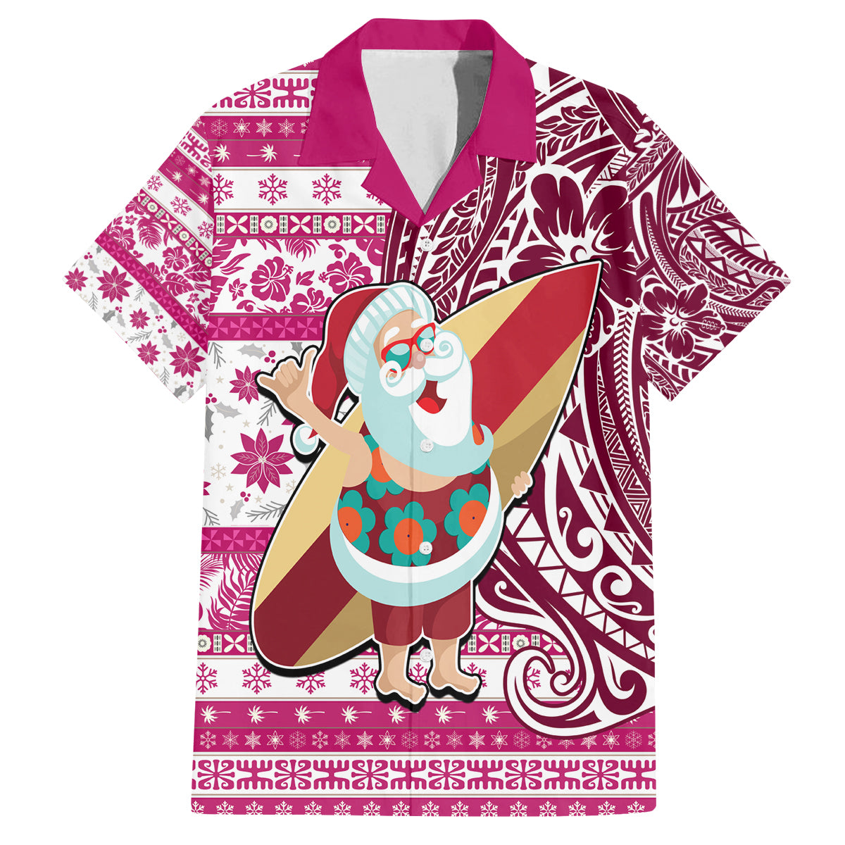 Custom Hawaii Mele Kalikimaka Family Matching Tank Maxi Dress and Hawaiian Shirt Santa Claus Surfing with Hawaiian Pattern Striped Pink Style LT03 Dad's Shirt - Short Sleeve Pink - Polynesian Pride