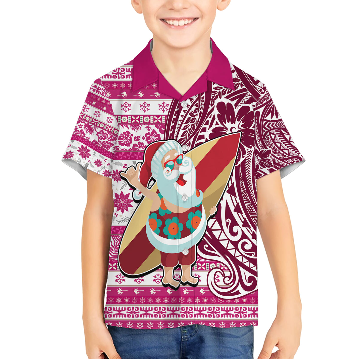 Custom Hawaii Mele Kalikimaka Kid Hawaiian Shirt Santa Claus Surfing with Hawaiian Pattern Striped Pink Style LT03 Kid Pink - Polynesian Pride