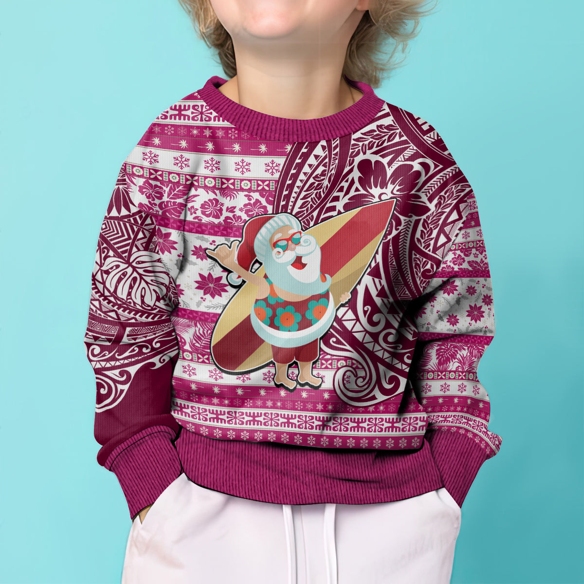 Custom Hawaii Mele Kalikimaka Kid Ugly Christmas Sweater Santa Claus Surfing with Hawaiian Pattern Striped Pink Style LT03 - Polynesian Pride