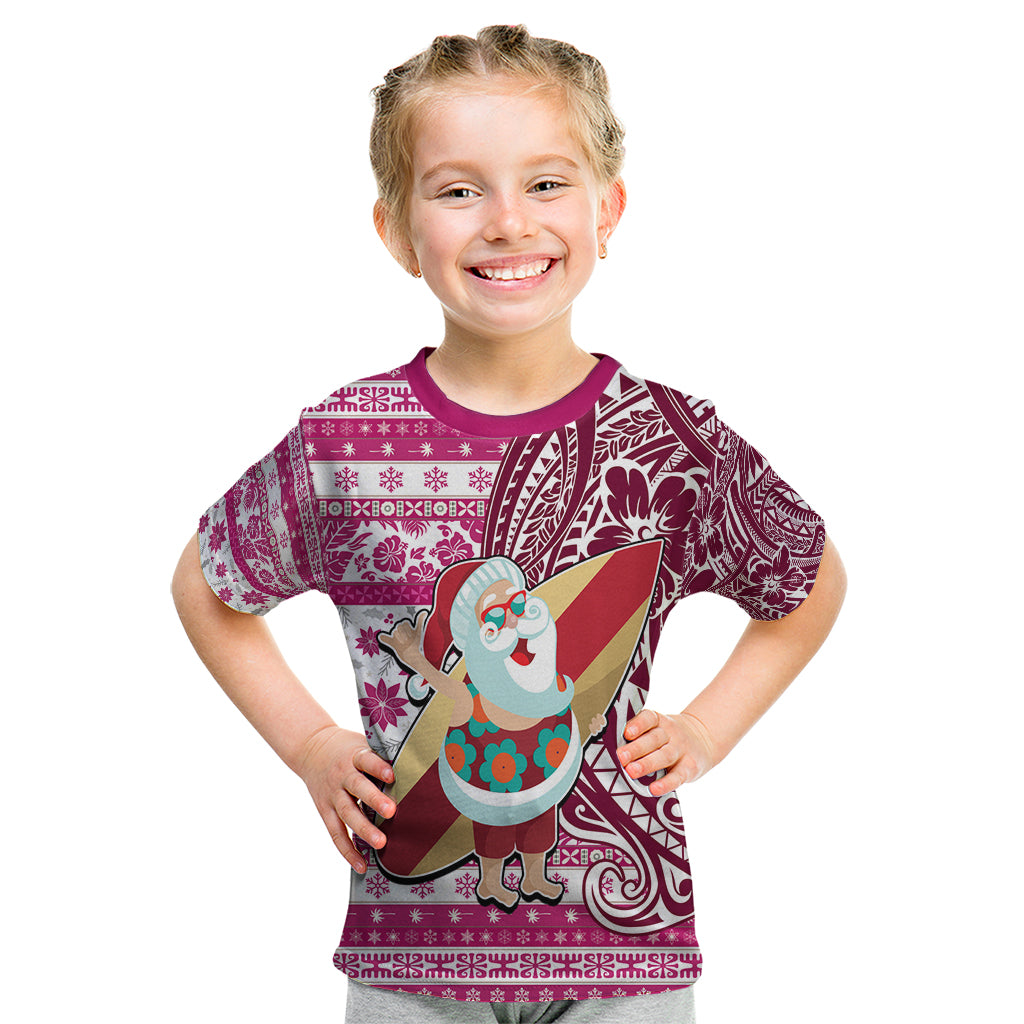 Custom Hawaii Mele Kalikimaka Kid T Shirt Santa Claus Surfing with Hawaiian Pattern Striped Pink Style LT03 Pink - Polynesian Pride