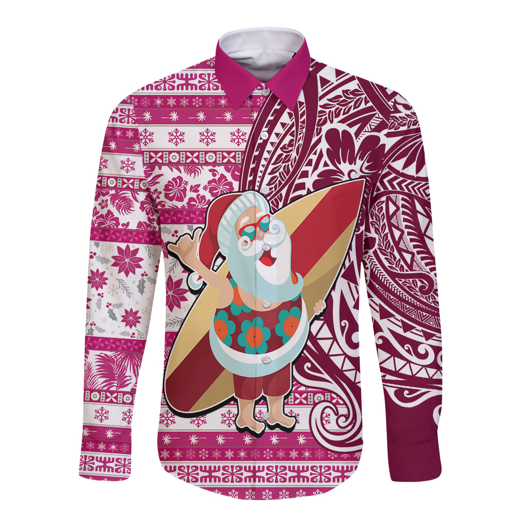 Custom Hawaii Mele Kalikimaka Long Sleeve Button Shirt Santa Claus Surfing with Hawaiian Pattern Striped Pink Style LT03 Unisex Pink - Polynesian Pride