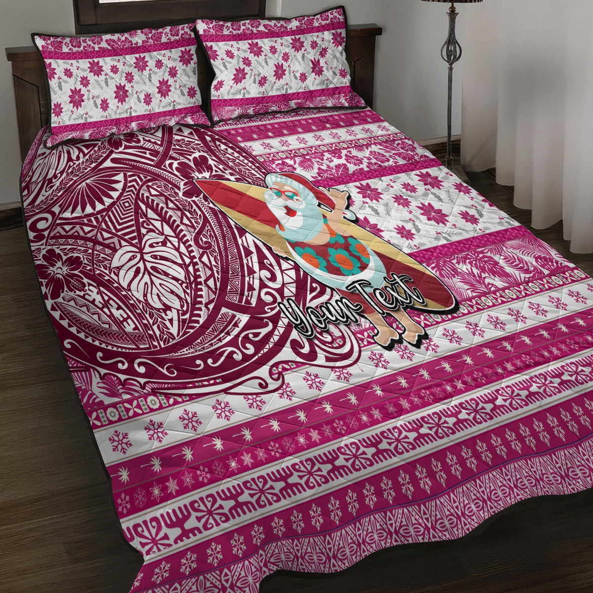 Custom Hawaii Mele Kalikimaka Quilt Bed Set Santa Claus Surfing with Hawaiian Pattern Striped Pink Style LT03 - Polynesian Pride