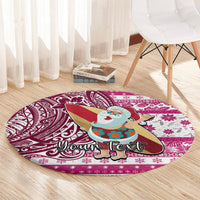 Custom Hawaii Mele Kalikimaka Round Carpet Santa Claus Surfing with Hawaiian Pattern Striped Pink Style LT03 - Polynesian Pride