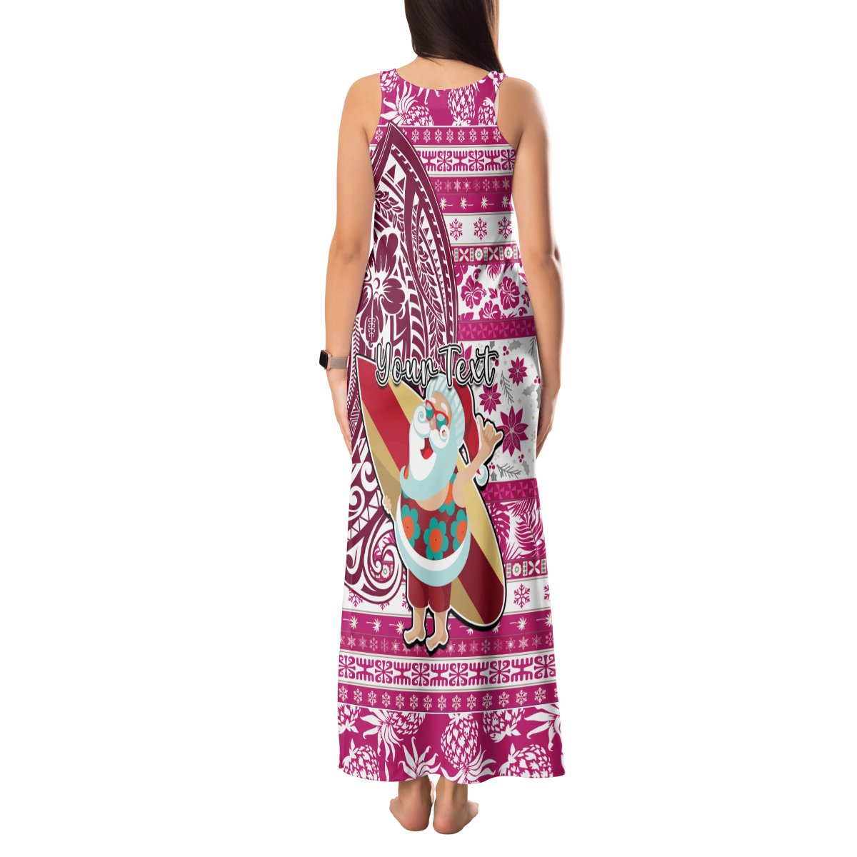 Custom Hawaii Mele Kalikimaka Tank Maxi Dress Santa Claus Surfing with Hawaiian Pattern Striped Pink Style LT03 - Polynesian Pride
