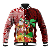 Hawaii Mele Kalikimaka Baseball Jacket Santa Claus and Hula Girl Tropical Folwer with Hawaiian Pattern LT03 Unisex Red - Polynesian Pride