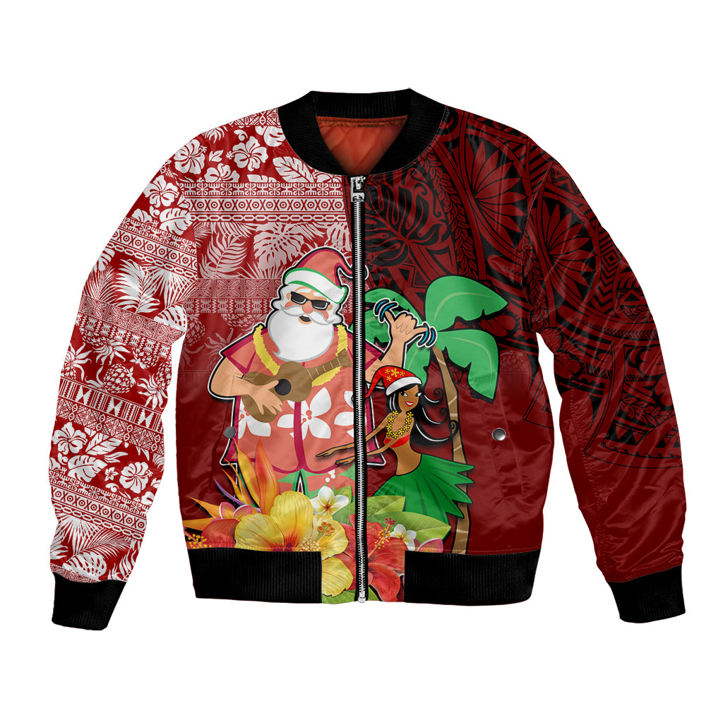 Hawaii Mele Kalikimaka Bomber Jacket Santa Claus and Hula Girl Tropical Folwer with Hawaiian Pattern LT03 Unisex Red - Polynesian Pride