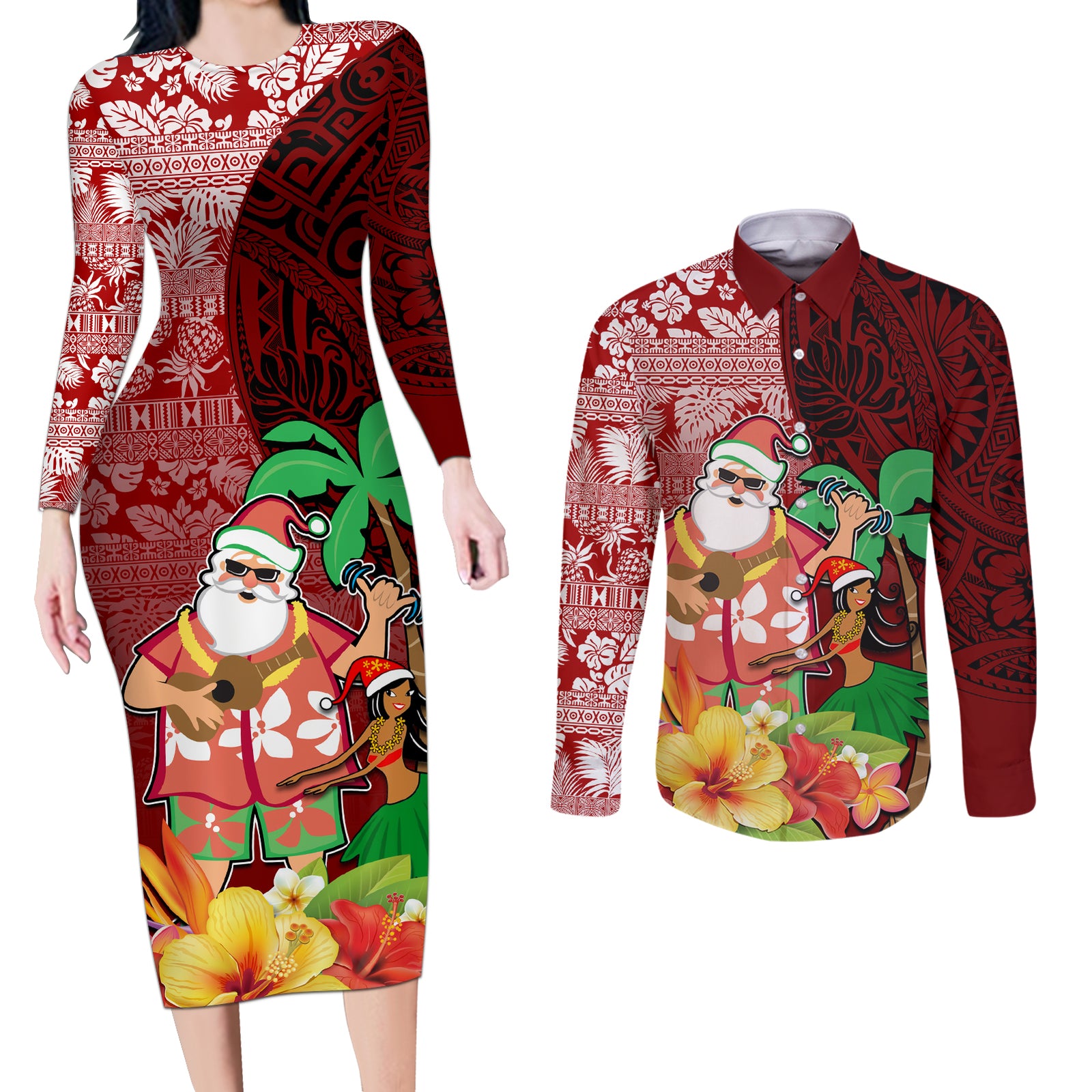 Hawaii Mele Kalikimaka Couples Matching Long Sleeve Bodycon Dress and Long Sleeve Button Shirt Santa Claus and Hula Girl Tropical Folwer with Hawaiian Pattern LT03 Red - Polynesian Pride