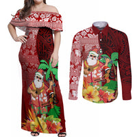 Hawaii Mele Kalikimaka Couples Matching Off Shoulder Maxi Dress and Long Sleeve Button Shirt Santa Claus and Hula Girl Tropical Folwer with Hawaiian Pattern LT03 Red - Polynesian Pride