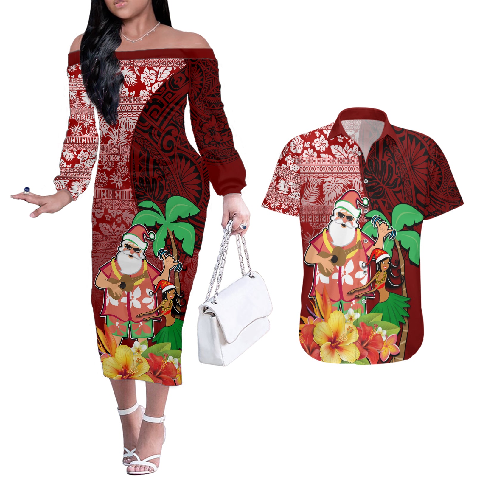 Hawaii Mele Kalikimaka Couples Matching Off The Shoulder Long Sleeve Dress and Hawaiian Shirt Santa Claus and Hula Girl Tropical Folwer with Hawaiian Pattern LT03 Red - Polynesian Pride