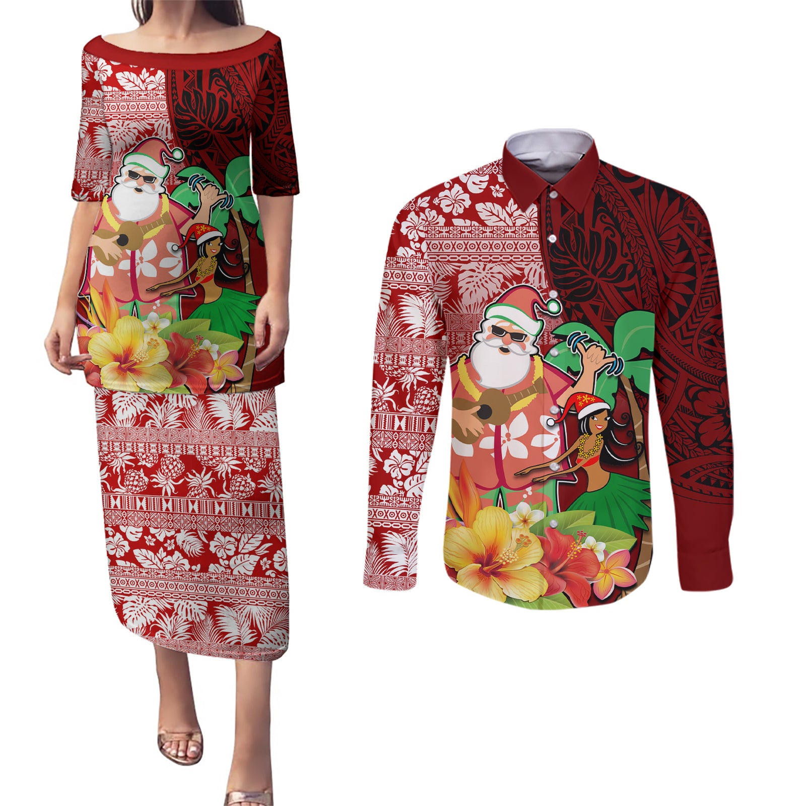 Hawaii Mele Kalikimaka Couples Matching Puletasi Dress and Long Sleeve Button Shirt Santa Claus and Hula Girl Tropical Folwer with Hawaiian Pattern LT03 Red - Polynesian Pride
