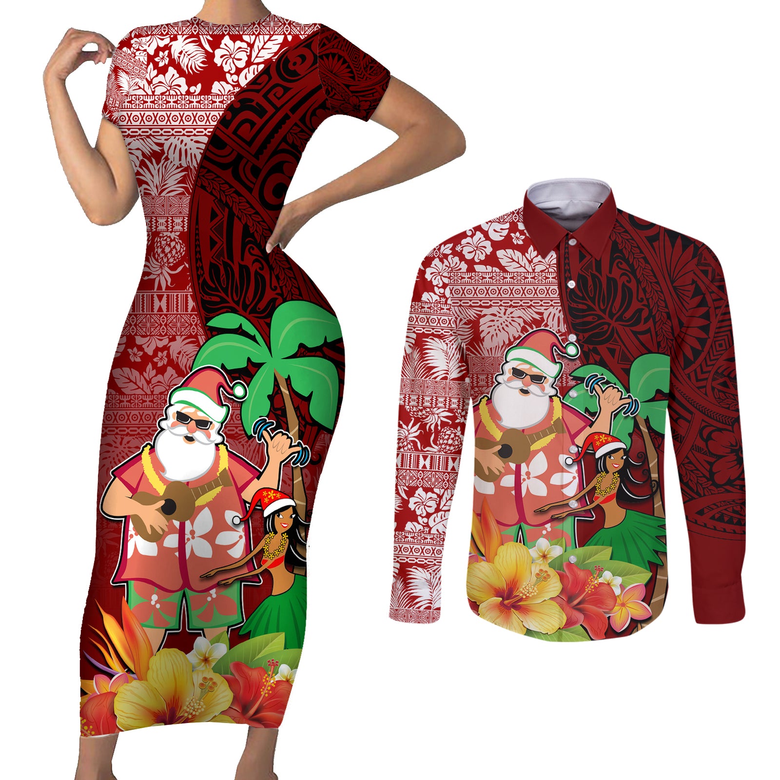 Hawaii Mele Kalikimaka Couples Matching Short Sleeve Bodycon Dress and Long Sleeve Button Shirt Santa Claus and Hula Girl Tropical Folwer with Hawaiian Pattern LT03 Red - Polynesian Pride
