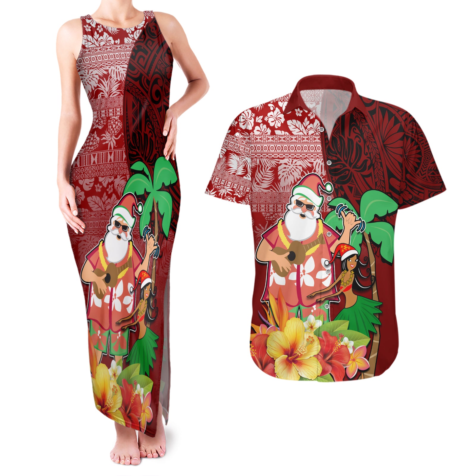 Hawaii Mele Kalikimaka Couples Matching Tank Maxi Dress and Hawaiian Shirt Santa Claus and Hula Girl Tropical Folwer with Hawaiian Pattern LT03 Red - Polynesian Pride