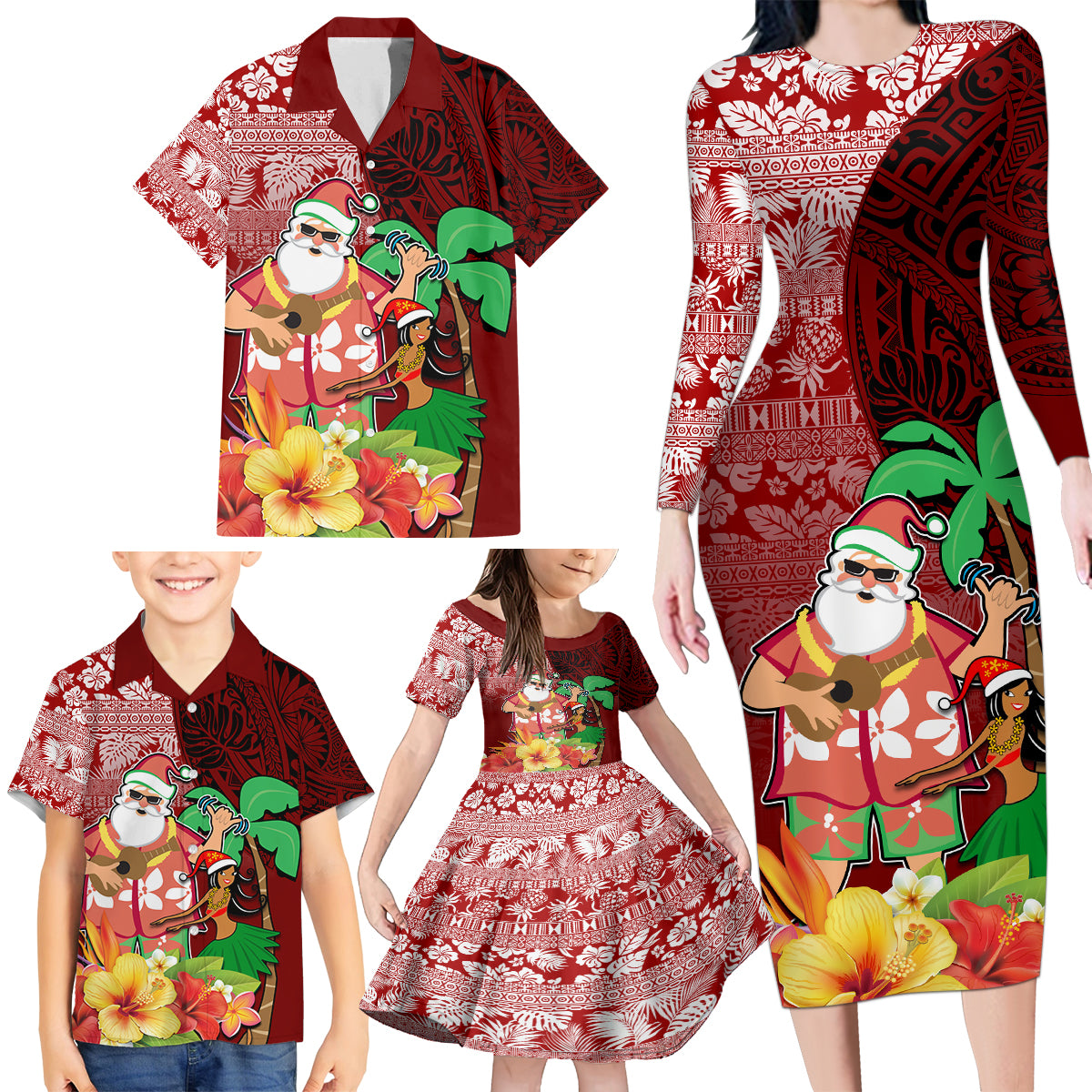 Hawaii Mele Kalikimaka Family Matching Long Sleeve Bodycon Dress and Hawaiian Shirt Santa Claus and Hula Girl Tropical Folwer with Hawaiian Pattern LT03 - Polynesian Pride