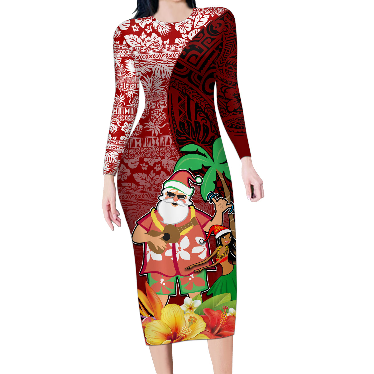 Hawaii Mele Kalikimaka Family Matching Long Sleeve Bodycon Dress and Hawaiian Shirt Santa Claus and Hula Girl Tropical Folwer with Hawaiian Pattern LT03 Mom's Dress Red - Polynesian Pride