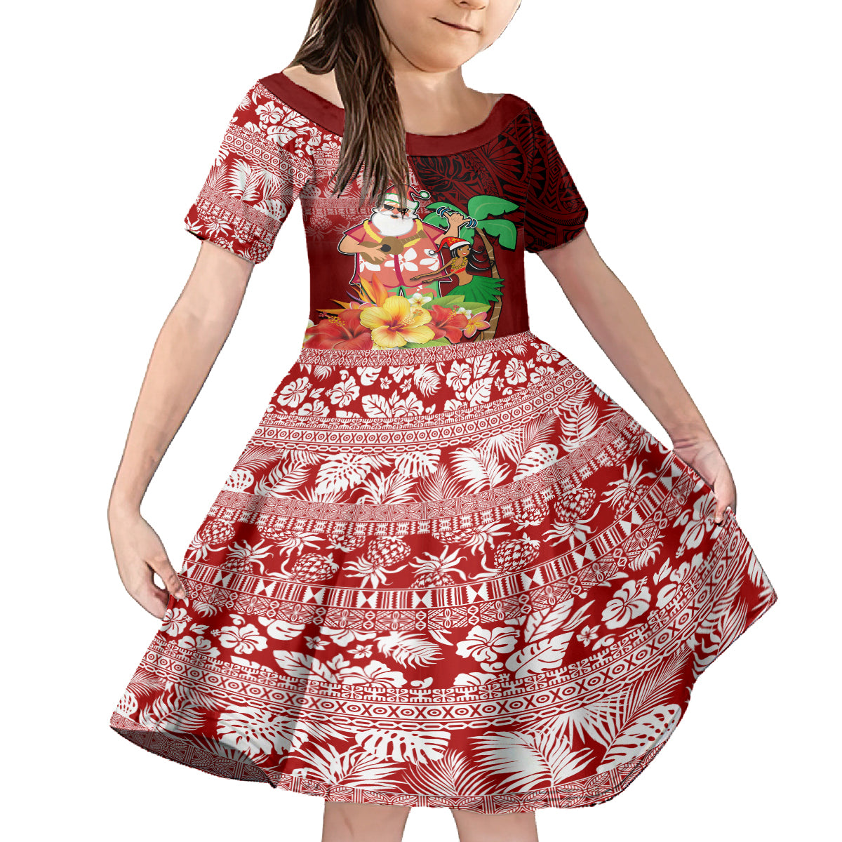 Hawaii Mele Kalikimaka Family Matching Puletasi Dress and Hawaiian Shirt Santa Claus and Hula Girl Tropical Folwer with Hawaiian Pattern LT03 Daughter's Dress Red - Polynesian Pride