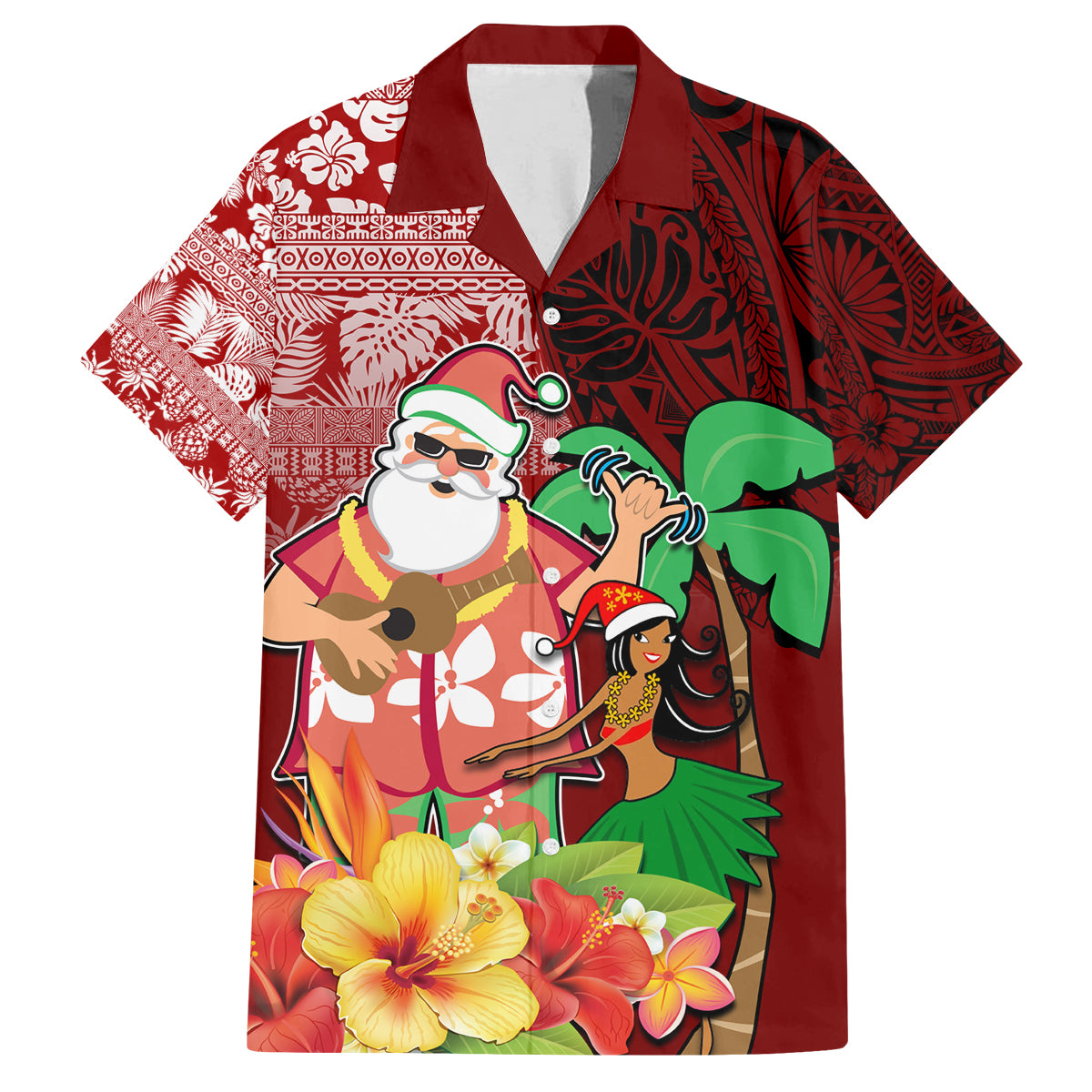 Hawaii Mele Kalikimaka Family Matching Tank Maxi Dress and Hawaiian Shirt Santa Claus and Hula Girl Tropical Folwer with Hawaiian Pattern LT03 Dad's Shirt - Short Sleeve Red - Polynesian Pride