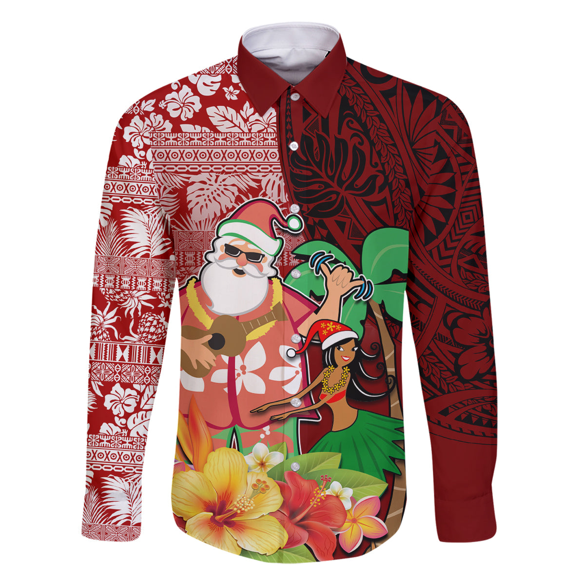 Hawaii Mele Kalikimaka Family Matching Tank Maxi Dress and Hawaiian Shirt Santa Claus and Hula Girl Tropical Folwer with Hawaiian Pattern LT03 Dad's Shirt - Long Sleeve Red - Polynesian Pride