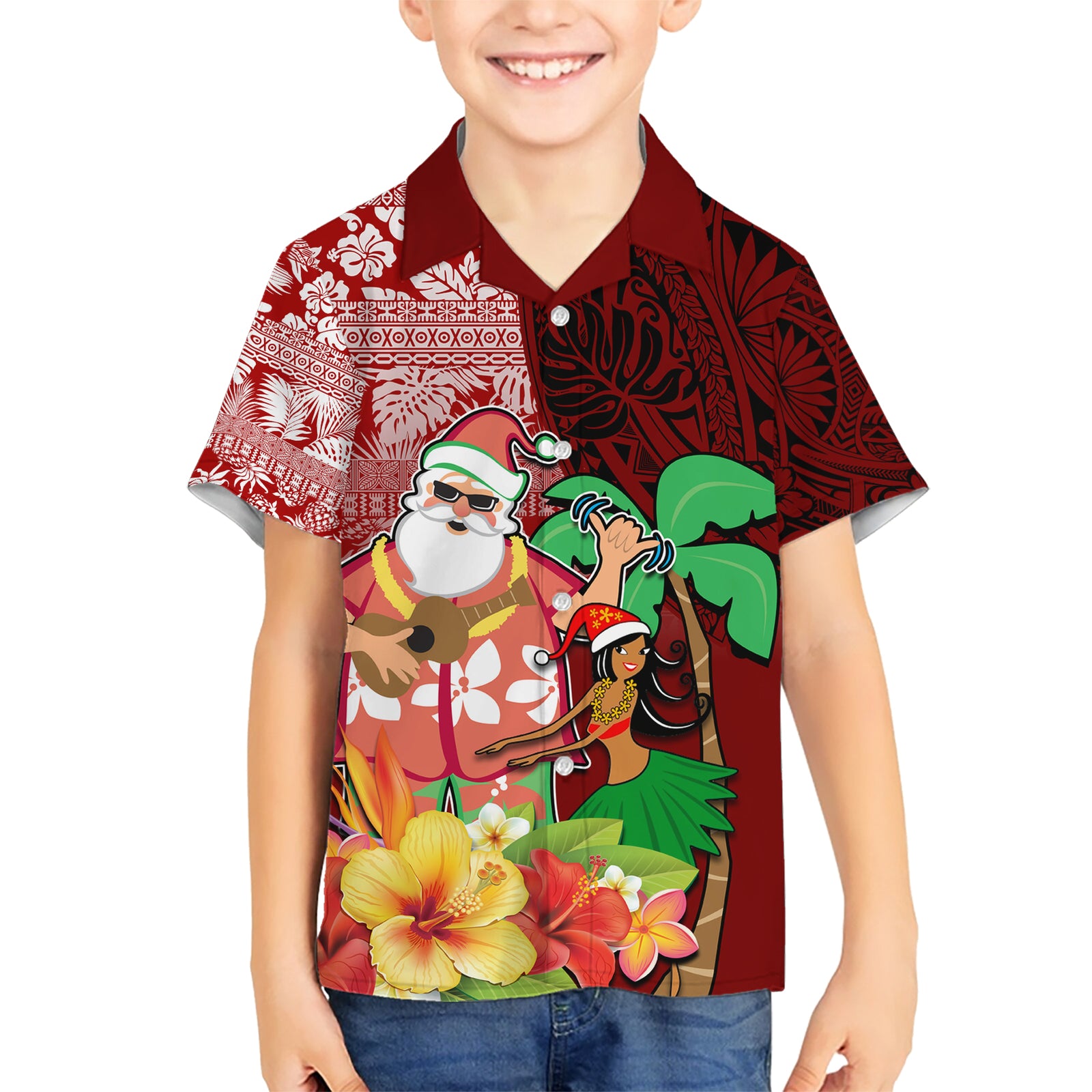 Hawaii Mele Kalikimaka Kid Hawaiian Shirt Santa Claus and Hula Girl Tropical Folwer with Hawaiian Pattern LT03 Kid Red - Polynesian Pride
