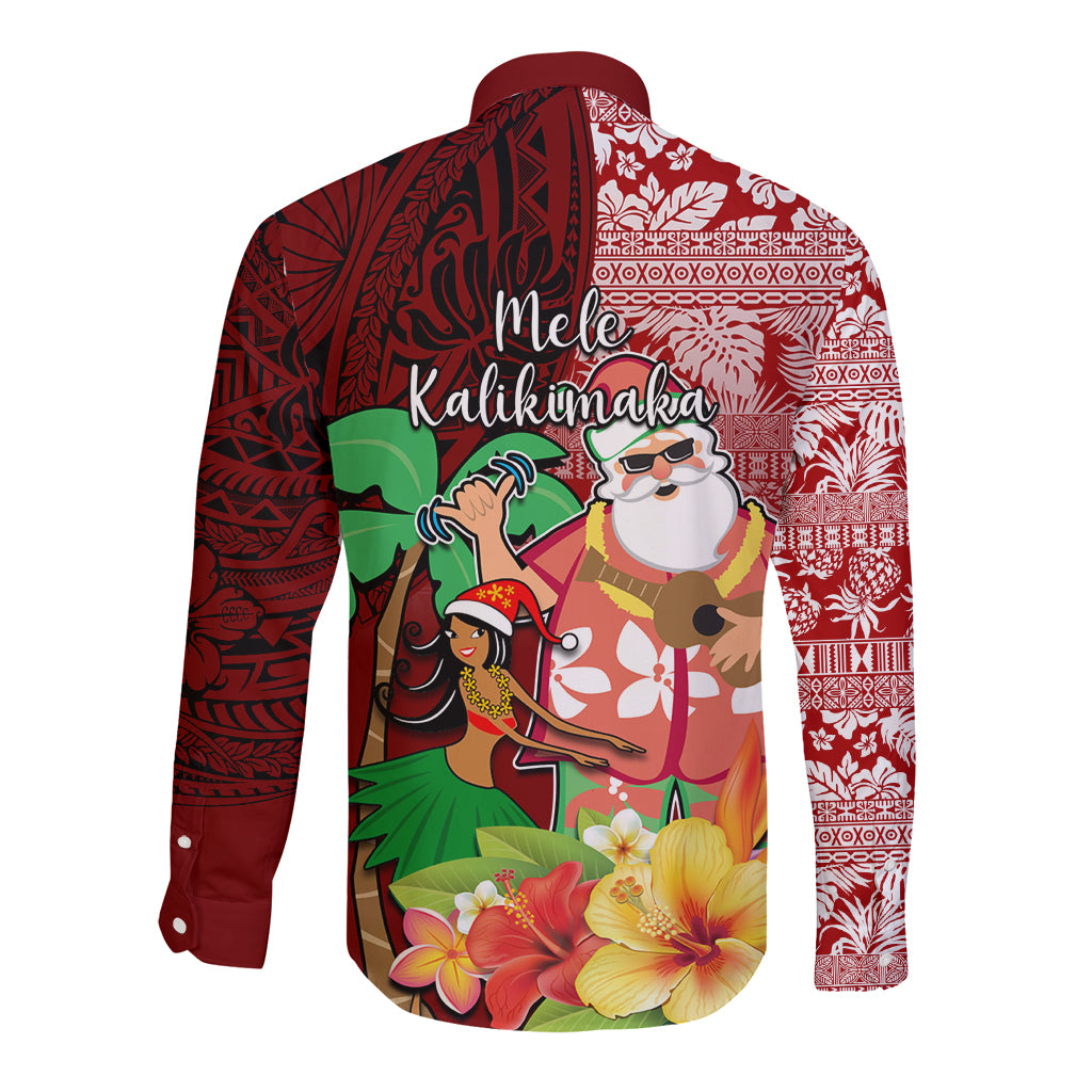 Hawaii Mele Kalikimaka Long Sleeve Button Shirt Santa Claus and Hula Girl Tropical Folwer with Hawaiian Pattern LT03 - Polynesian Pride