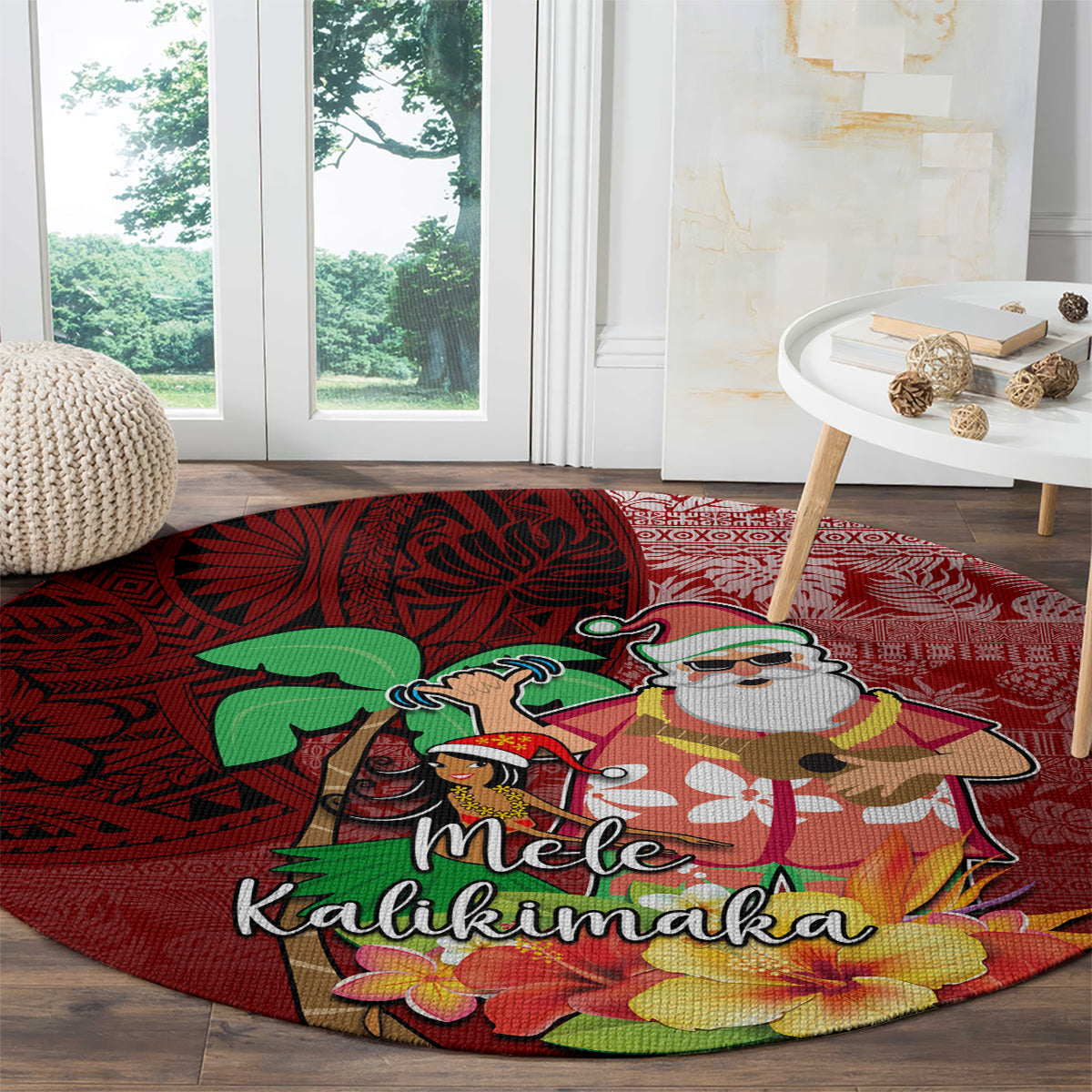 Hawaii Mele Kalikimaka Round Carpet Santa Claus and Hula Girl Tropical Folwer with Hawaiian Pattern LT03 - Polynesian Pride