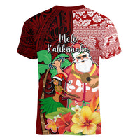 Hawaii Mele Kalikimaka Women V Neck T Shirt Santa Claus and Hula Girl Tropical Folwer with Hawaiian Pattern LT03 - Polynesian Pride