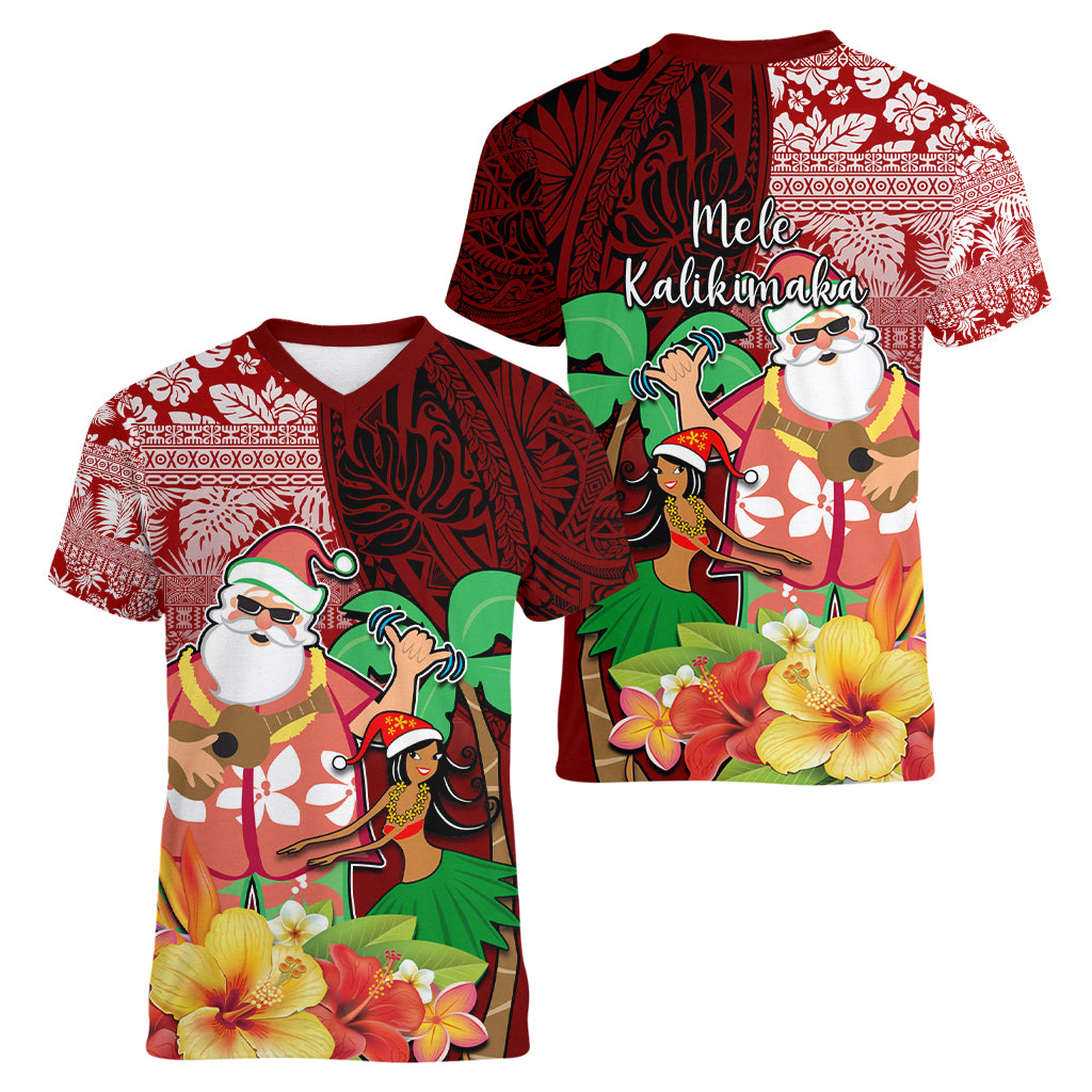 Hawaii Mele Kalikimaka Women V Neck T Shirt Santa Claus and Hula Girl Tropical Folwer with Hawaiian Pattern LT03 - Polynesian Pride