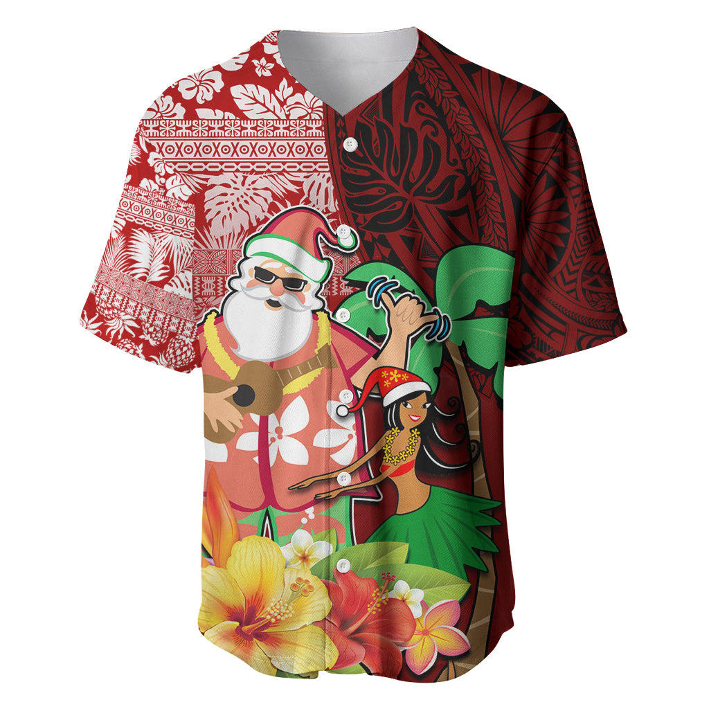 Custom Hawaii Mele Kalikimaka Baseball Jersey Santa Claus and Hula Girl Tropical Folwer with Hawaiian Pattern LT03 Red - Polynesian Pride