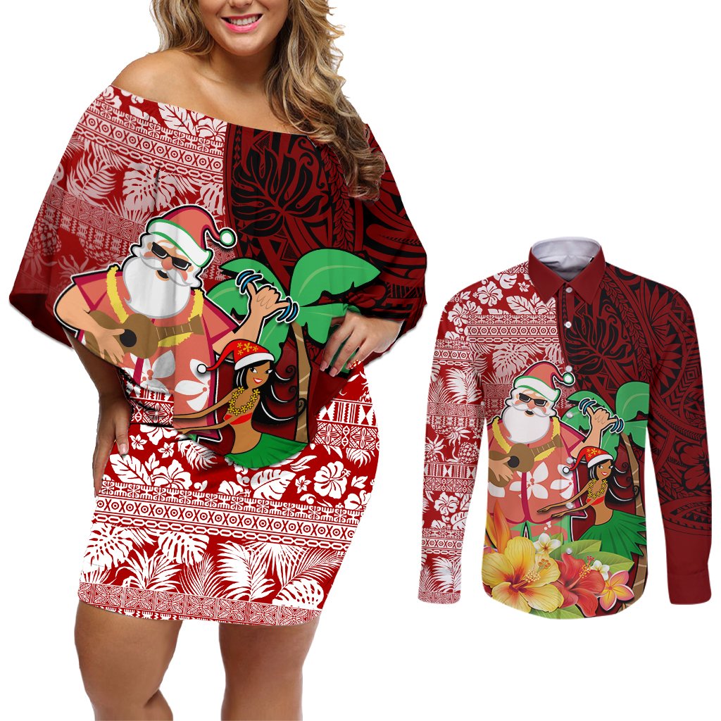 Custom Hawaii Mele Kalikimaka Couples Matching Off Shoulder Short Dress and Long Sleeve Button Shirt Santa Claus and Hula Girl Tropical Folwer with Hawaiian Pattern LT03 Red - Polynesian Pride