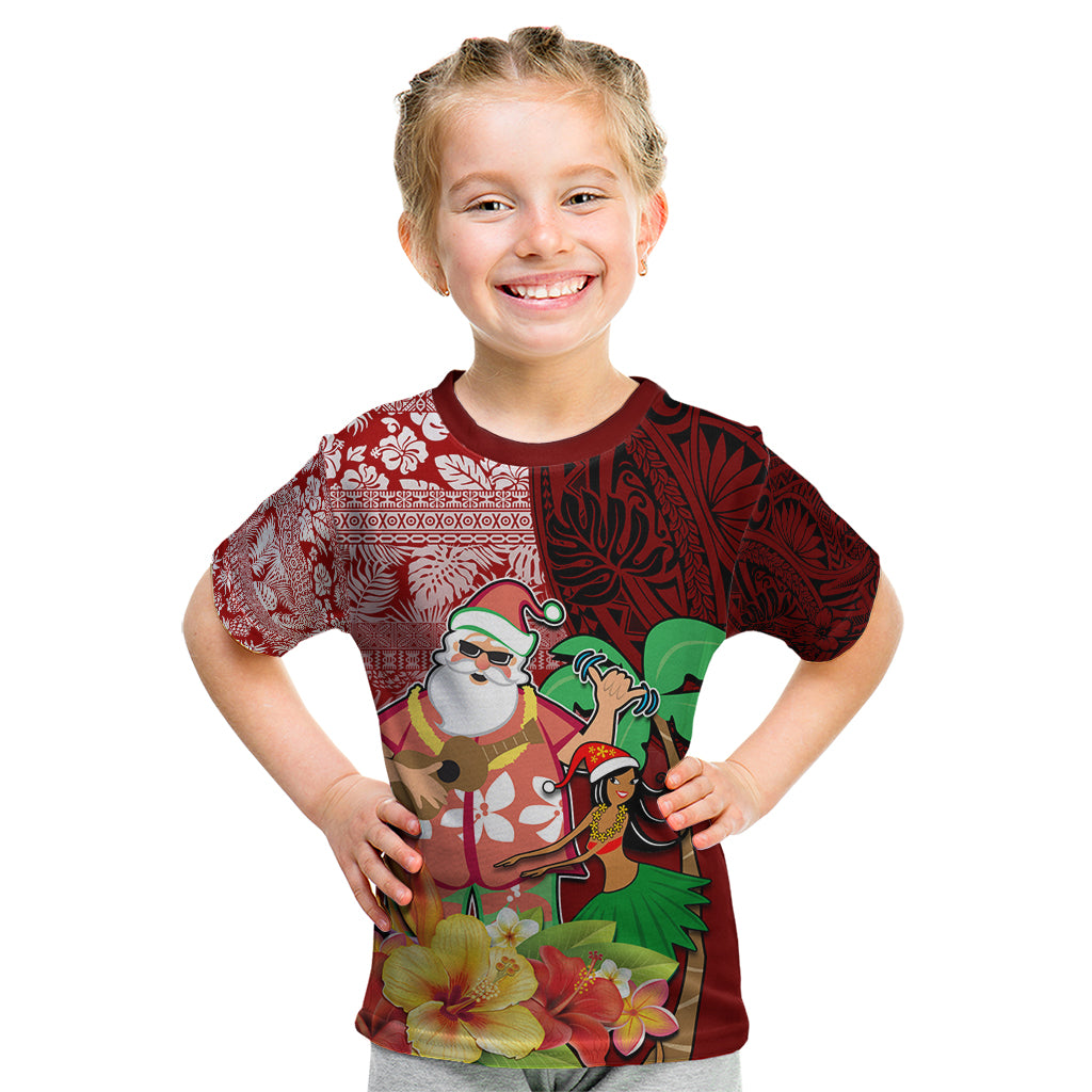 Custom Hawaii Mele Kalikimaka Kid T Shirt Santa Claus and Hula Girl Tropical Folwer with Hawaiian Pattern LT03 Red - Polynesian Pride