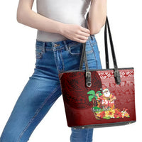 Custom Hawaii Mele Kalikimaka Leather Tote Bag Santa Claus and Hula Girl Tropical Folwer with Hawaiian Pattern LT03 - Polynesian Pride