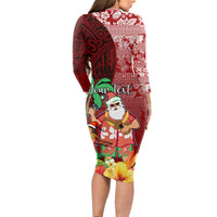 Custom Hawaii Mele Kalikimaka Long Sleeve Bodycon Dress Santa Claus and Hula Girl Tropical Folwer with Hawaiian Pattern LT03 - Polynesian Pride