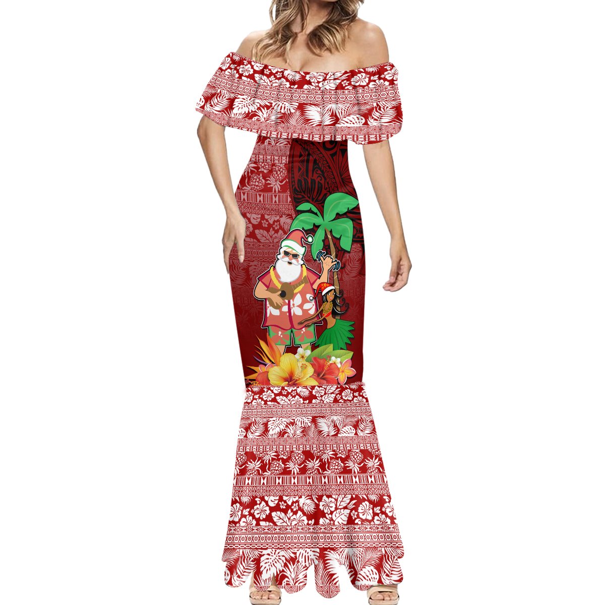 Custom Hawaii Mele Kalikimaka Mermaid Dress Santa Claus and Hula Girl Tropical Folwer with Hawaiian Pattern LT03 - Polynesian Pride