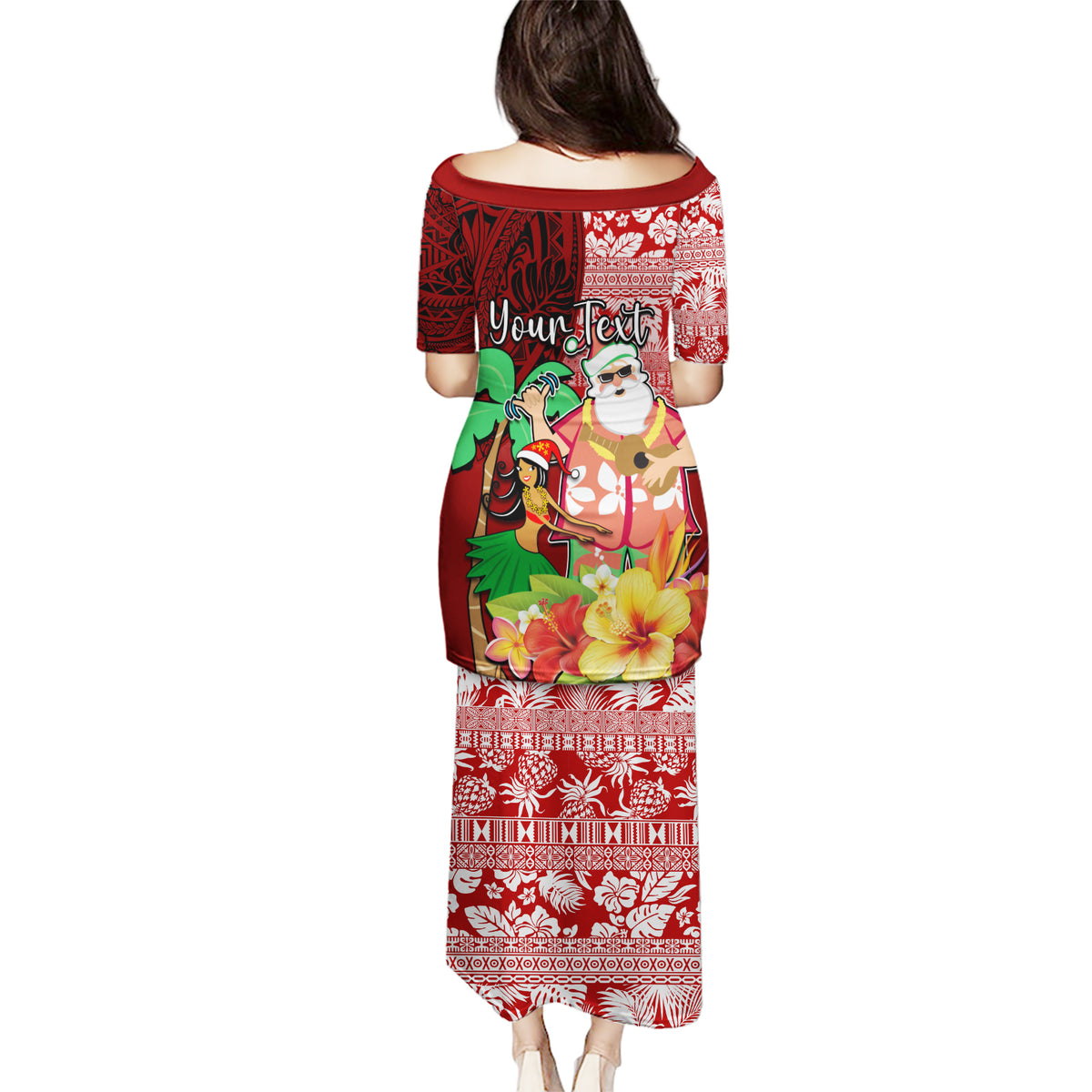 Custom Hawaii Mele Kalikimaka Puletasi Santa Claus and Hula Girl Tropical Folwer with Hawaiian Pattern LT03 - Polynesian Pride