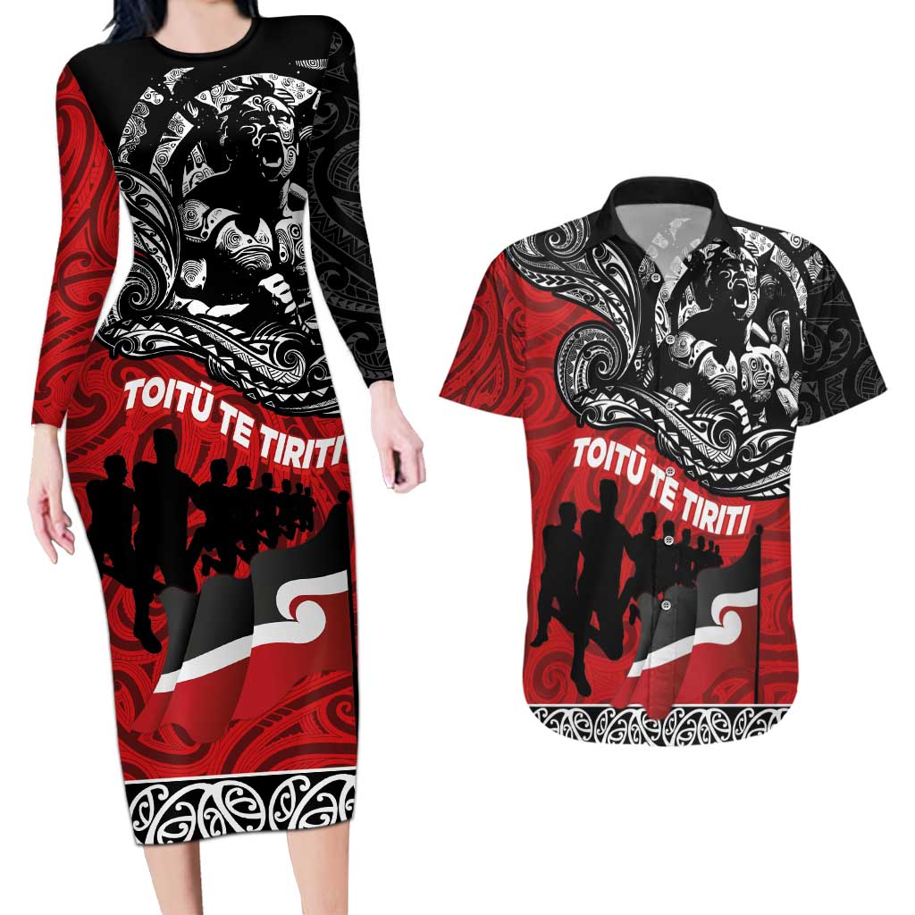 Aotearoa Toitu Te Tiriti Couples Matching Long Sleeve Bodycon Dress and Hawaiian Shirt Honoring Te Tiriti o Waitangi Maori Haka LT03 Red - Polynesian Pride