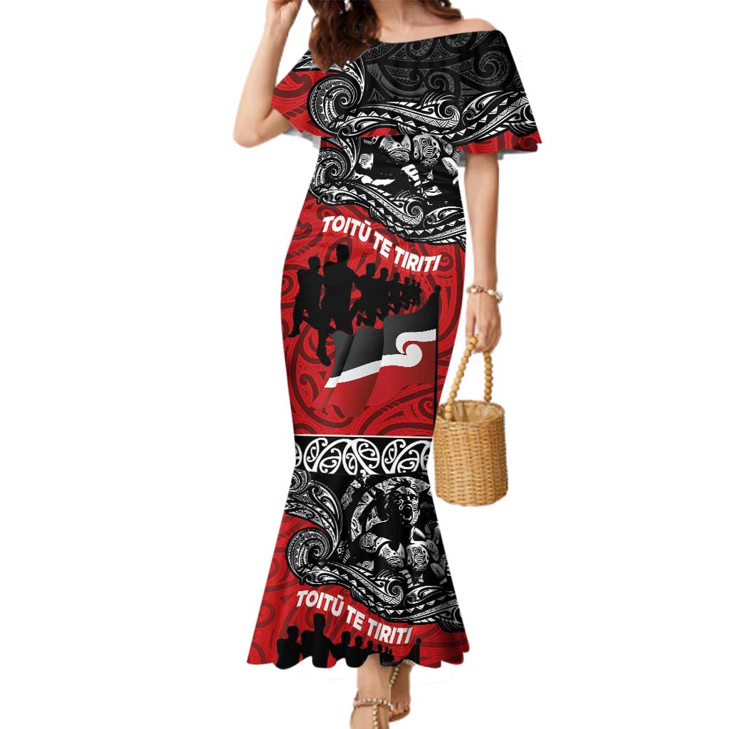 Aotearoa Toitu Te Tiriti Family Matching Mermaid Dress and Hawaiian Shirt Honoring Te Tiriti o Waitangi Maori Haka LT03 Mom's Dress Red - Polynesian Pride