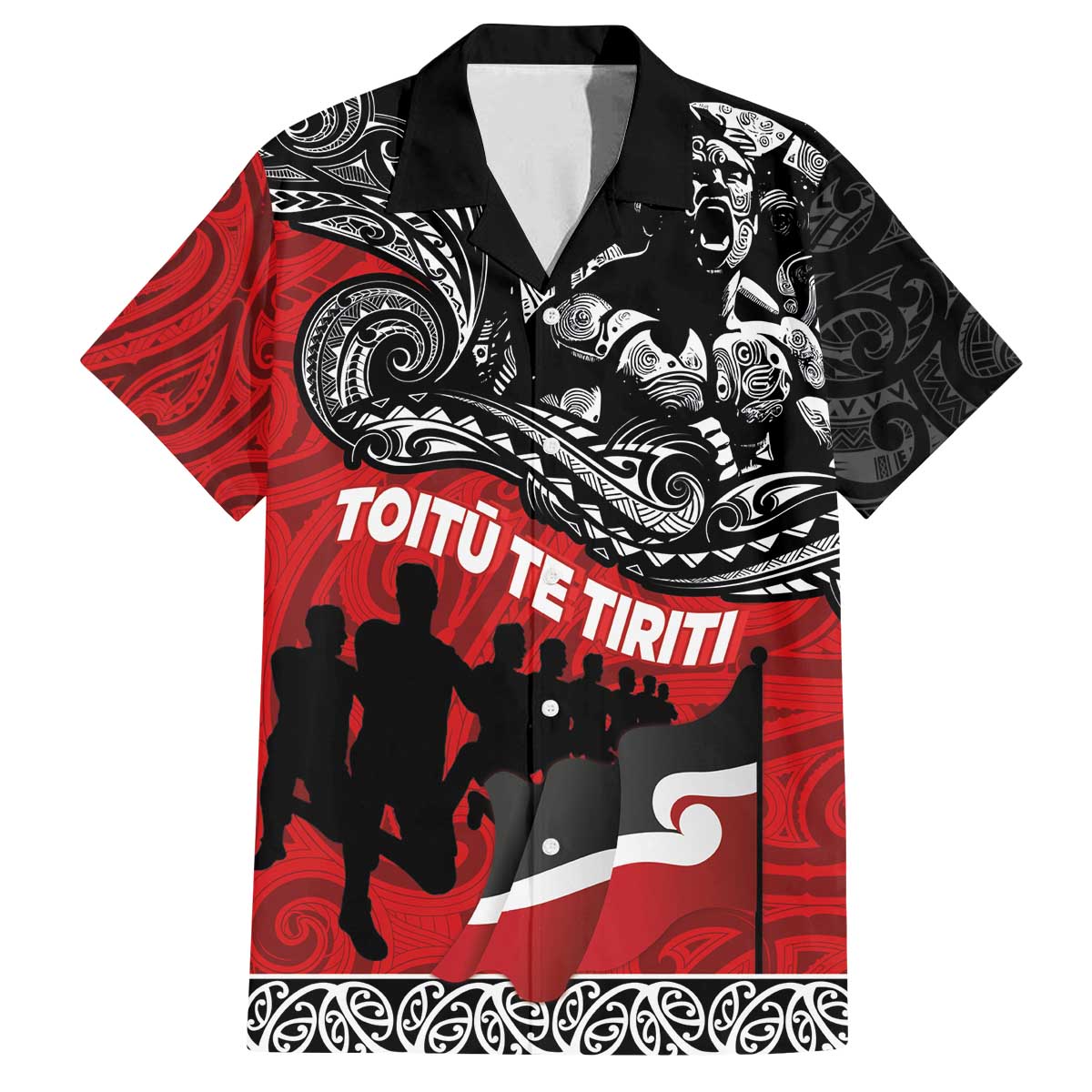 Aotearoa Toitu Te Tiriti Family Matching Off The Shoulder Long Sleeve Dress and Hawaiian Shirt Honoring Te Tiriti o Waitangi Maori Haka LT03 Dad's Shirt - Short Sleeve Red - Polynesian Pride