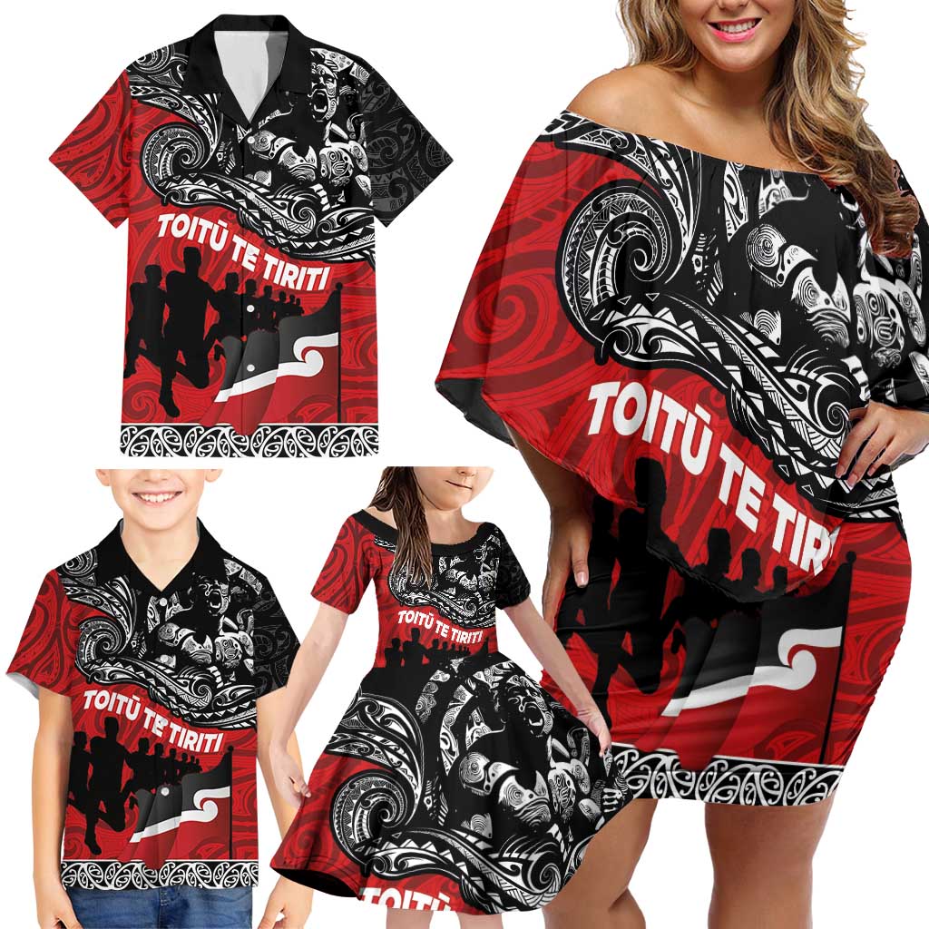 Aotearoa Toitu Te Tiriti Family Matching Off Shoulder Short Dress and Hawaiian Shirt Honoring Te Tiriti o Waitangi Maori Haka LT03 - Polynesian Pride