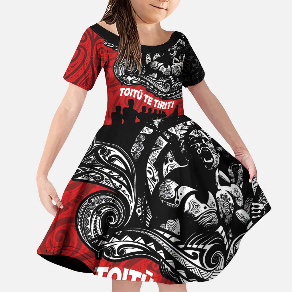 Aotearoa Toitu Te Tiriti Family Matching Puletasi and Hawaiian Shirt Honoring Te Tiriti o Waitangi Maori Haka LT03 Daughter's Dress Red - Polynesian Pride