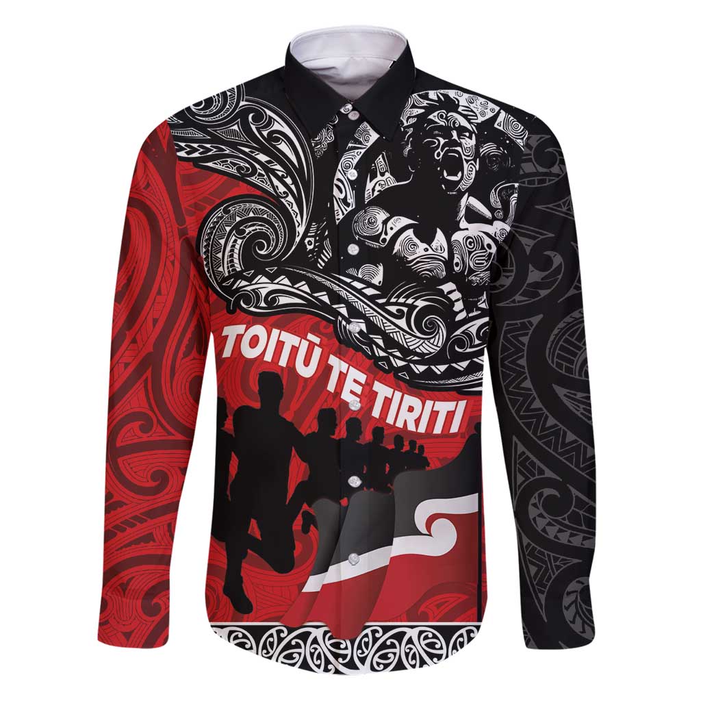 Aotearoa Toitu Te Tiriti Family Matching Puletasi and Hawaiian Shirt Honoring Te Tiriti o Waitangi Maori Haka LT03 Dad's Shirt - Long Sleeve Red - Polynesian Pride