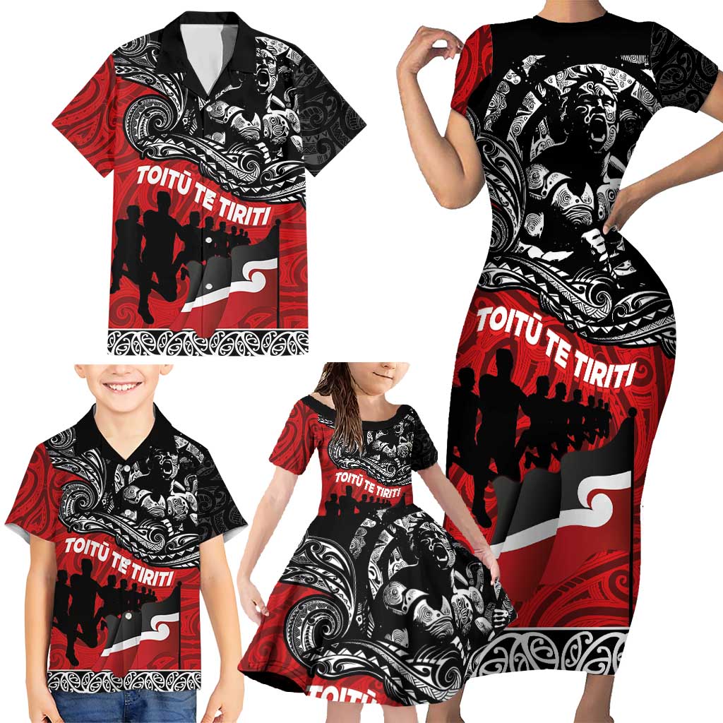 Aotearoa Toitu Te Tiriti Family Matching Short Sleeve Bodycon Dress and Hawaiian Shirt Honoring Te Tiriti o Waitangi Maori Haka LT03 - Polynesian Pride
