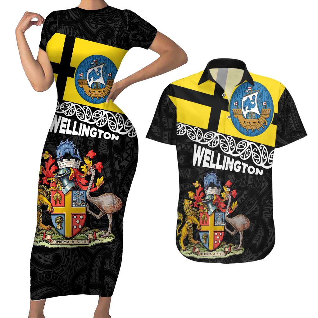 New Zealand Wellington Couples Matching Short Sleeve Bodycon Dress and Hawaiian Shirt The Capital's Emblems Flag and Koru Art LT03 Black - Polynesian Pride