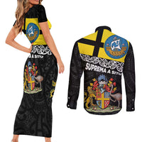 New Zealand Wellington Couples Matching Short Sleeve Bodycon Dress and Long Sleeve Button Shirt The Capital's Emblems Flag and Koru Art LT03 - Polynesian Pride